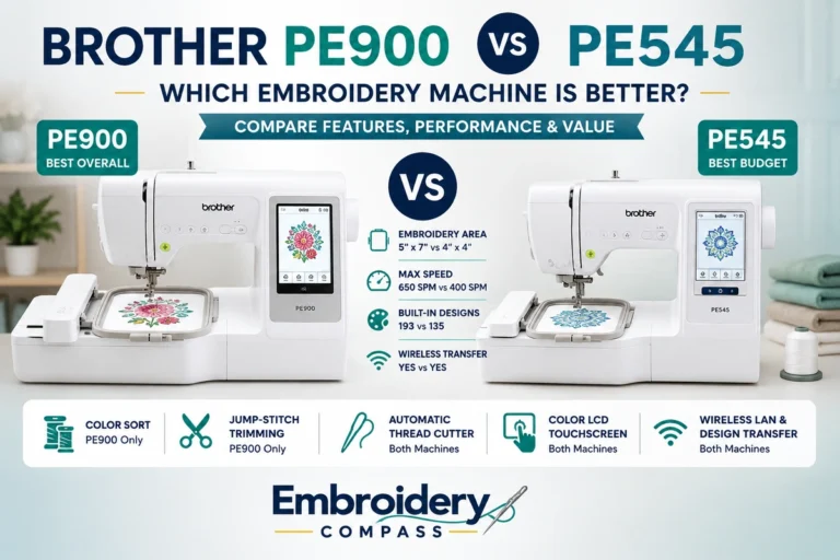 Brother PE900 and PE545 embroidery machines compared side by side for features, embroidery area, speed and beginner suitability.