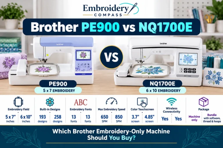 Brother PE900 and NQ1700E embroidery machines side by side, comparing their 5×7-inch and 6×10-inch embroidery fields, stitching speeds, and key features.