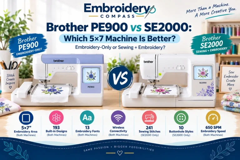 Brother PE900 vs SE2000 side-by-side comparison showing both 5×7 embroidery machines, with the PE900 offering embroidery-only functions and the SE2000 combining sewing and embroidery.
