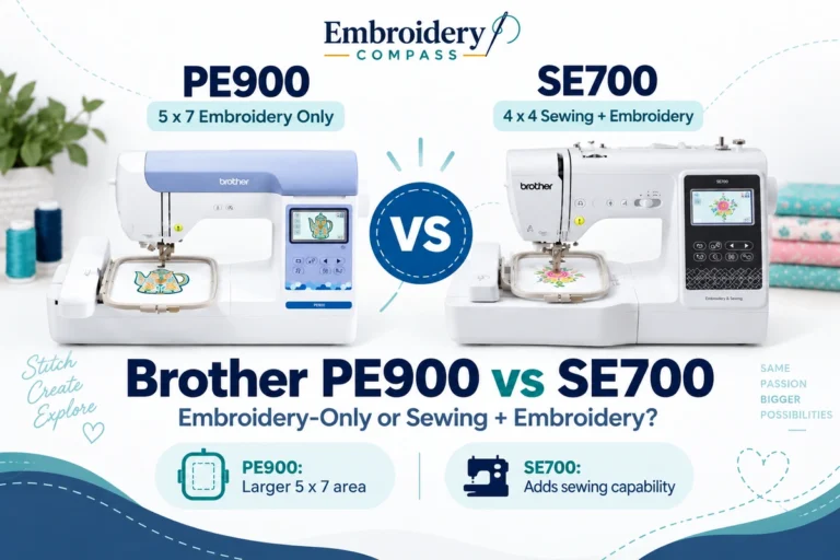 Brother PE900 and Brother SE700 embroidery machines compared side by side, highlighting 5×7 embroidery on the PE900 and 4×4 sewing and embroidery on the SE700.
