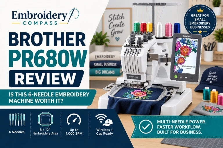Brother PR680W 6-needle embroidery machine with 8×12 embroidery area for small business use