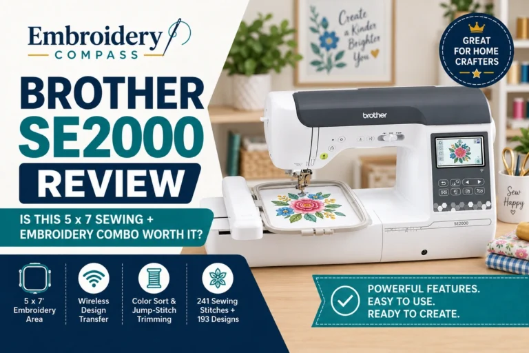 Brother SE2000 sewing and embroidery machine with 5×7 embroidery hoop, touchscreen, and floral embroidery design.