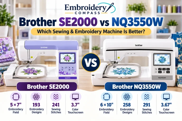Brother SE2000 and NQ3550W sewing and embroidery machines side by side, comparing 5×7 and 6×10 embroidery areas and key features.