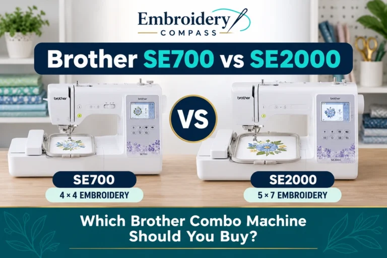 Brother SE700 and SE2000 sewing and embroidery machines side by side, comparing their 4×4 and 5×7-inch embroidery areas and key features.
