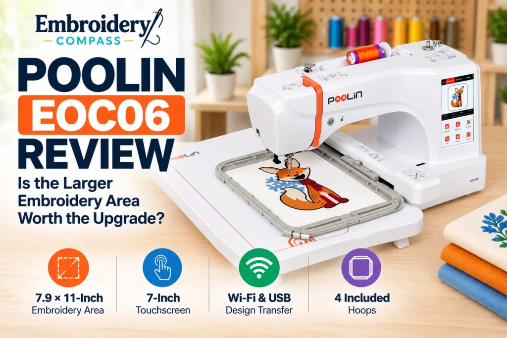 POOLIN EOC06 embroidery machine with a large embroidery hoop, 7-inch touchscreen, and colorful fox embroidery design.