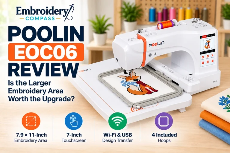 POOLIN EOC06 embroidery machine with a large embroidery hoop, 7-inch touchscreen, and colorful fox embroidery design.