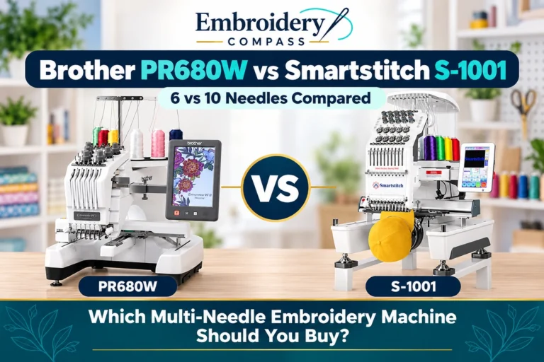 Brother PR680W 6-needle and Smartstitch S-1001 10-needle embroidery machines compared for small business use.