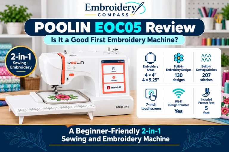 POOLIN EOC05 2-in-1 sewing and embroidery machine showing its large touchscreen and embroidery setup for beginner home use.