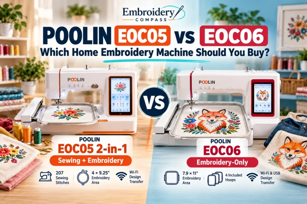 Side-by-side comparison of POOLIN EOC05 and EOC06 embroidery machines, highlighting sewing functionality, embroidery area, and included hoops.