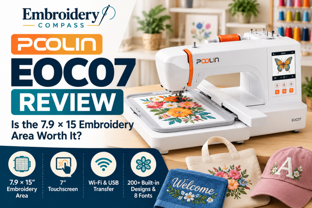 POOLIN EOC07 embroidery machine featuring a large 7.9×15-inch embroidery hoop, touchscreen display, and colorful floral embroidery design.